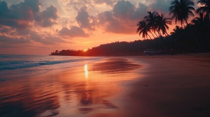 A breathtaking sunset over Palolem Beach, with vibrant colors reflecting on the calm waves and silhouetted palm trees lining the shore.