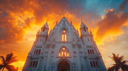 A breathtaking view of the Velankanni Church with vibrant sunset colors reflecting off its white fa? section ade.