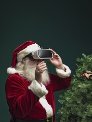 Santa Claus exploring virtual reality by a Christmas tree during the holiday season