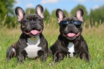 Fototapeta premium Two cheerful French bulldogs enjoying sunny day in the park