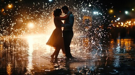 A candid shot of a couple dancing joyfully in the rain, surrounded by splashes of water and reflections.
