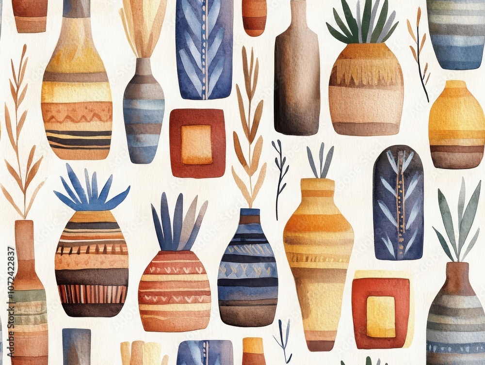 Aufkleber a vibrant pattern featuring various artistic vases with different shapes and colors, complemented by