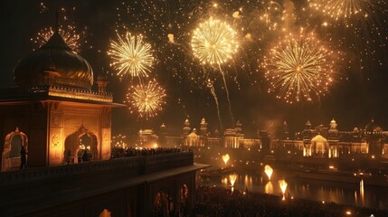 A celebratory scene with fireworks lighting up the night sky, adding color and excitement to Republic Day festivities.