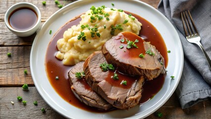 top view of roast beef covered in demi glace gravy