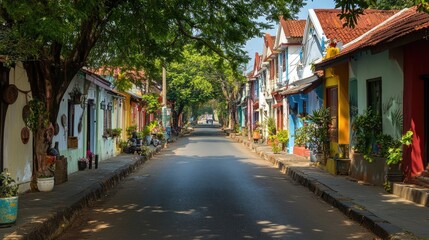 A charming street lined with traditional buildings adorned with vibrant murals in Fort Kochi.
