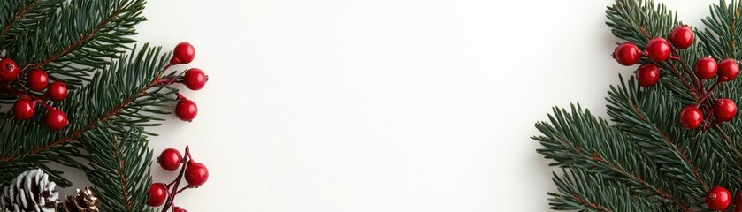 A festive arrangement of evergreen branches and red berries creates a cheerful holiday backdrop, perfect for seasonal decorations or greeting cards.