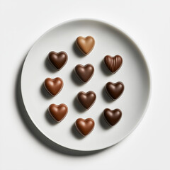 Fototapeta premium Heart-shaped chocolates arranged on white plate, minimalistic and elegant presentation for Chocolate Day celebration, dark, milk, and white chocolate hearts, gift and festive occasions