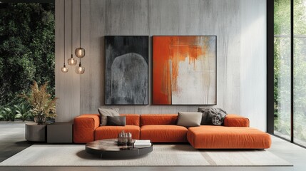 Modern living room with orange sofa, stylish decor, and green plants for a serene atmosphere.