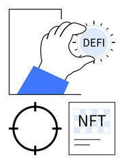 Hand grabbing DeFi button, circular crosshair target, and NFT poster. Ideal for cryptocurrency, blockchain, finance, investment, digital assets tech innovation strategic planning. Line metaphor