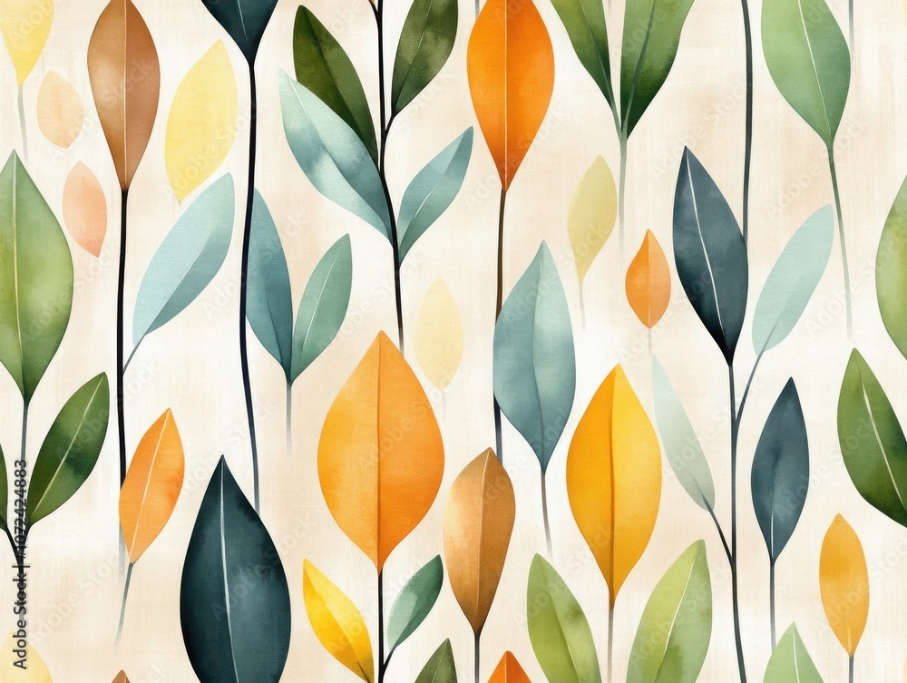 Poster a vibrant watercolor pattern featuring leaves in various shapes and colors, creating a harmonious an