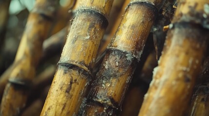 A close-up of freshly harvested sugarcane, arranged artistically for the Pongal festivities, emphasizing its natural texture.