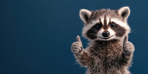Fototapeta premium Happy Raccoon Plush Toy Giving Thumbs Up with Cool Attitude and Smiling, Dressed in Stylish Cartoon Outfit on Dark Blue Background