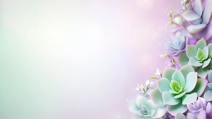 Delicate succulents and flowers create a calming, pastel arrangement against a gentle, light background