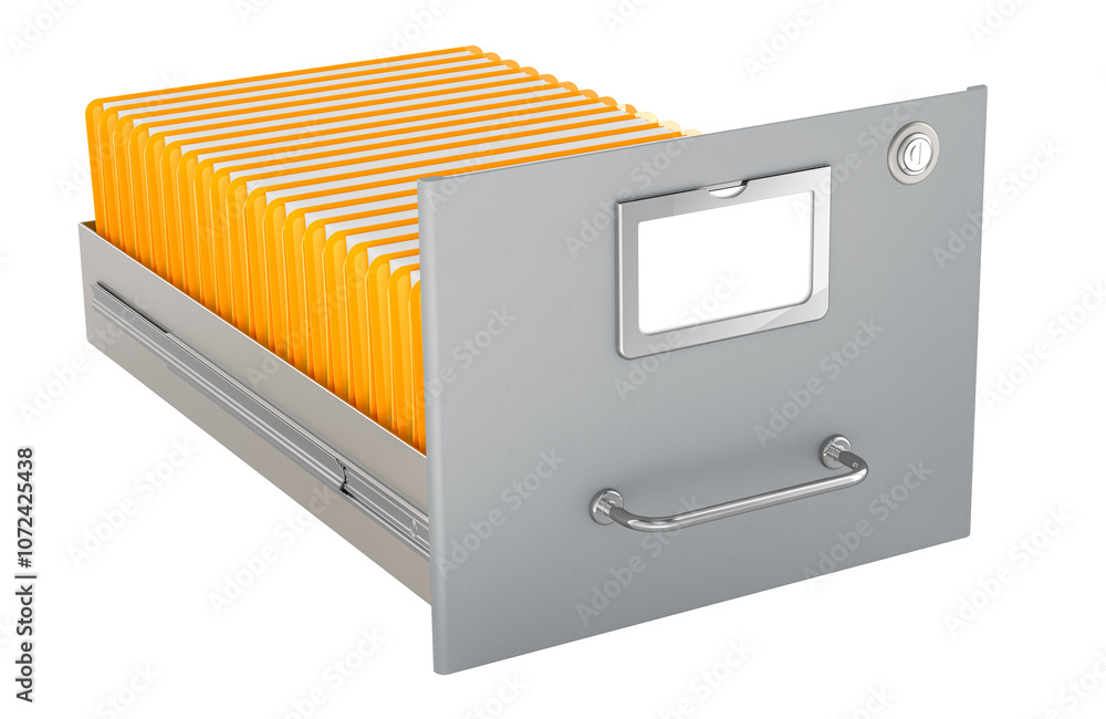 Poster filing cabinet with folders, 3d rendering isolated on transparent background