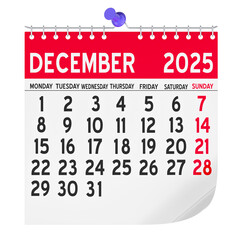 December 2025 Monthly Wall Calendar, 3D rendering isolated on transparent background