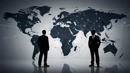 Illustration of business people standing in front of a world map with connections between them, representing a global network and international trade 