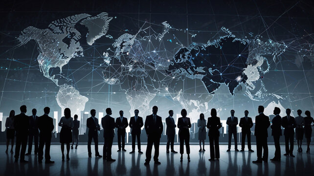 Illustration of business people standing in front of a world map with connections between them, representing a global network and international trade 