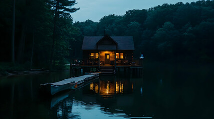 Obraz premium A cozy wooden cabin with lit windows sits on stilts over a calm lake at dusk, a small boat tied to a wooden dock in the foreground.