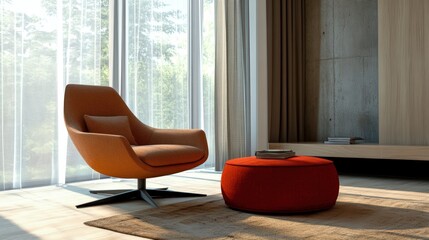 Modern living room with stylish chair and vibrant round ottoman for a cozy atmosphere.