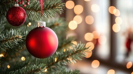 Festive christmas tree with red ornaments warm lights