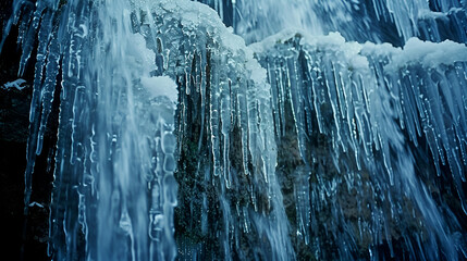 Frozen waterfall with icicles hanging down glistening under the winter sun