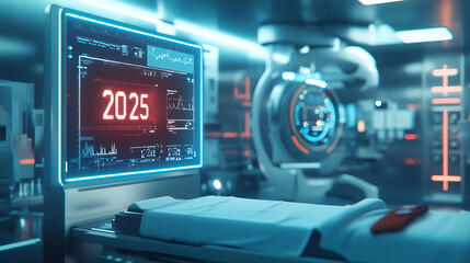 Futuristic hospital room with advanced tech displays and 2025 shown on a holographic health monit