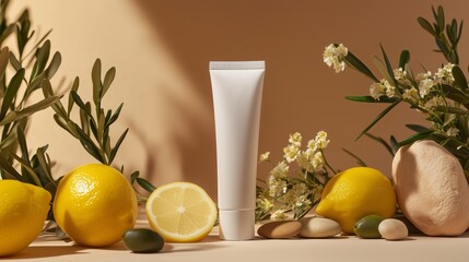 Natural skincare concept with cream tube and fresh lemons on neutral background