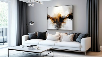 Modern living room with stylish furniture and abstract wall art decor.