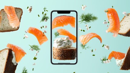 Creative salmon sandwich art with smartphone display and fresh herbs