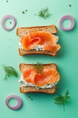 Delicious open-faced smoked salmon sandwich with cream cheese and fresh dill on toast