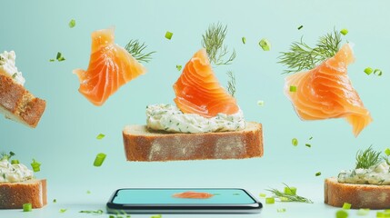 Floating salmon slices with dill and cream cheese on rustic bread above smartphone