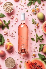 Refreshing rose wine with peaches, watermelon, and mint on pink background