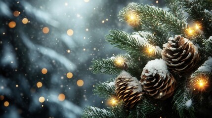 Snowy winter landscape with sparkling lights on pine branches