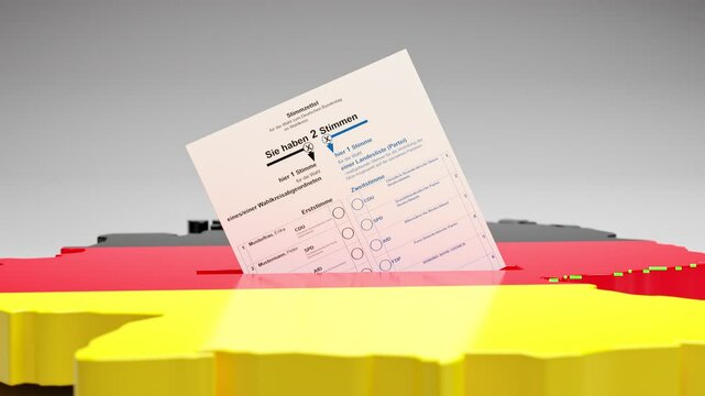 Elections in Germany. A sample ballot paper for the election to the Bundestag in the slit of a ballot box in the form of the German map with the German flag. 3d render, camera panning