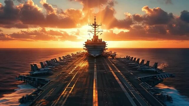 Us navy aircraft carrier sails gracefully with fighter jets on its deck, showcasing military power and defense at sea.