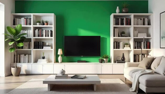 A stylish living room with a spacious white bookshelf, contemporary TV unit, rectangular coffee table with a designer lamp, plush rug, and a rich green wall as the main feature.