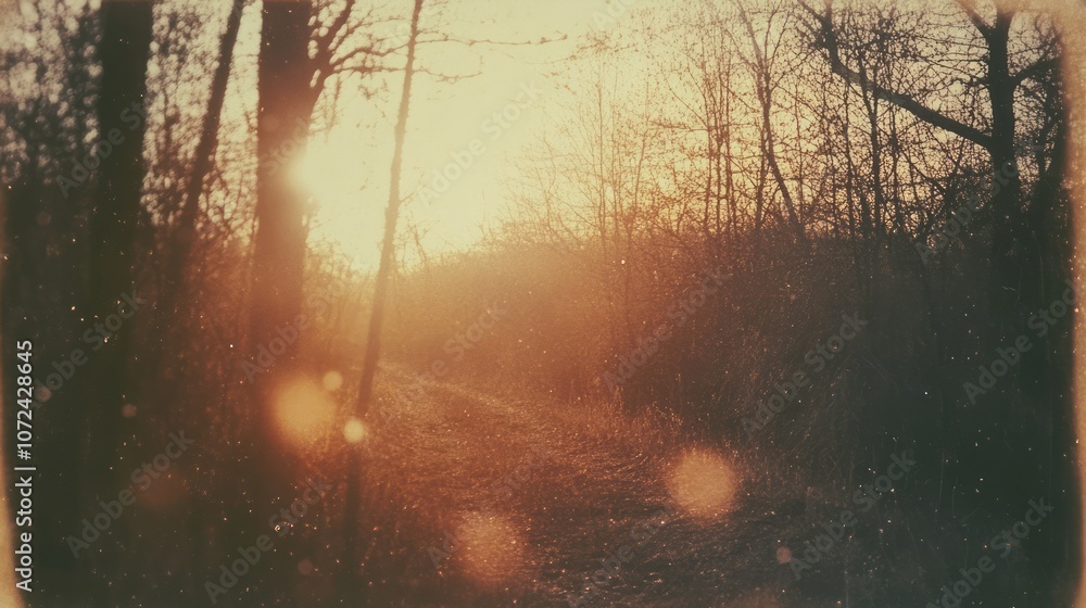 Aufkleber sunlit path through a hazy forest