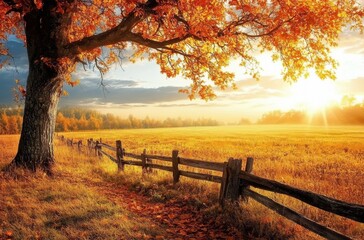 Obraz premium Autumn Sunrise Over Oak Tree and Wooden Fence in Golden Fields