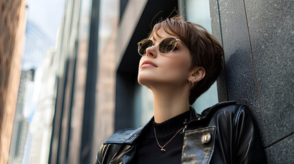 A confident independent woman with short hair, leaning against a tall building in the city