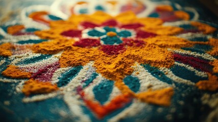 A close-up view of a colorful kolam design made with rice flour and vibrant powders, intricately spread on a clean floor.