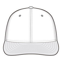 Front view vector illustration of a baseball cap in black and white, focusing on the bill and front panel stitching details.
