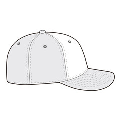 Vector illustration of a baseball cap in black and white, shown from an alternate side view with focus on the cap’s shape and structure.
