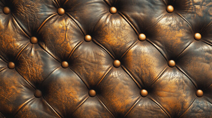 Fototapeta premium Vintage brown leather tufted upholstery with buttons and distressed texture