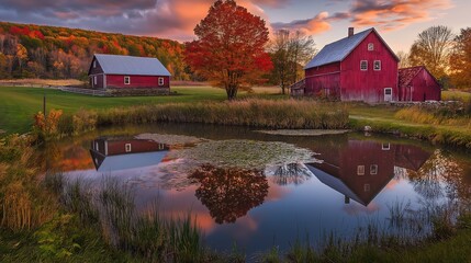 Fototapeta premium Beautiful Autumn Landscape with Golden and Copper Trees Misty Lake and Farmhouse Wallpaper Generative AI