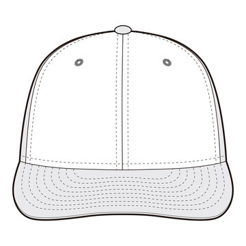 Front view vector illustration of a baseball cap in black and white, focusing on the bill and front panel stitching details.
