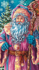 Fototapeta premium Art, kind handsome Grandfather Frost from Russian folk tales, staff in hand, near the New Year tree, snowflakes, long blue rich fur coat embroidered with shiny snowflakes, belted with a sash