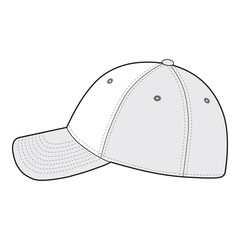 Side view of a baseball cap with a curved brim in black and white vector style, highlighting the stitching and cap structure.
