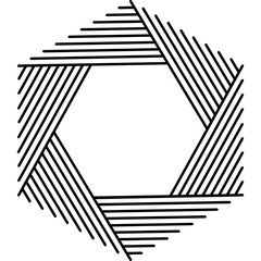A hexagonal frame design created by parallel black lines arranged in six triangular sections, each filled with diagonal lines of decreasing length radiating outward, against a white background.