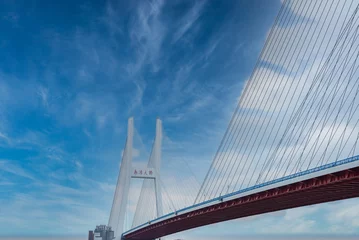 The Nanpu Bridge in Shanghai features towering pylons and cables against a clear blue sky, highlighting its architectural elegance and urban significance.