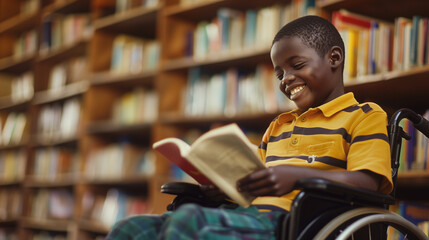 Happy black school pupil reading a library book. Smiling disabled african boy sitting in a wheelchair. Disability inclusion in education